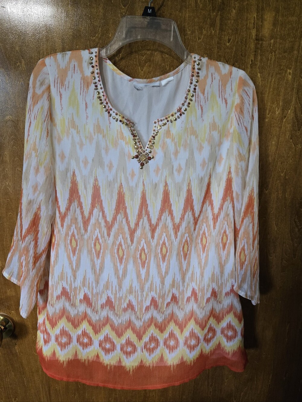 Beaded V-Neck Ikat Print Blouse - Orange/Yellow